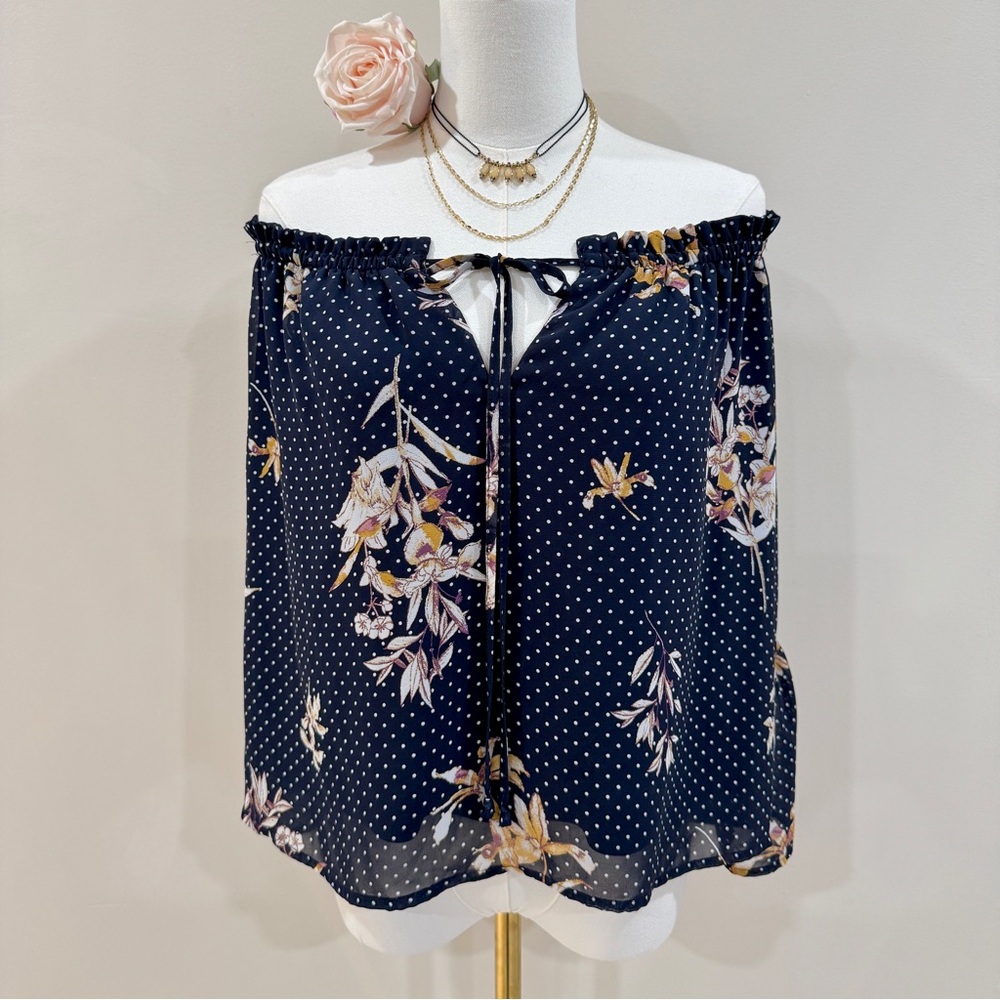 Polka Dot Floral Open Shoulder Bell Sleeve Top Flowy Boho Chic Sz M